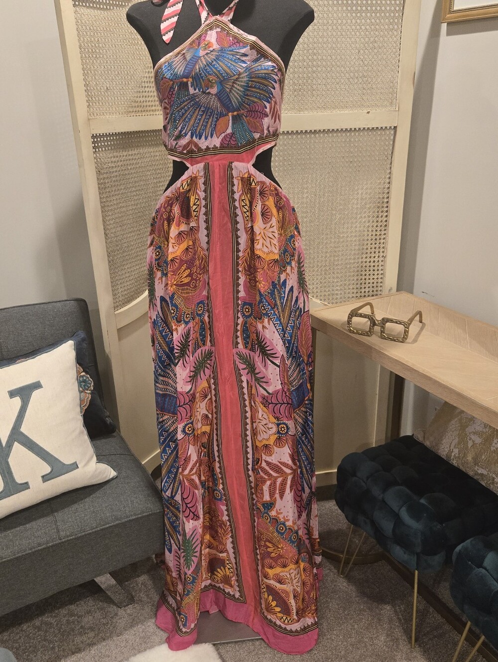 Farm Rio Pink Boho Halter Maxi Dress with Tropical Print - Picture 3 of 6
